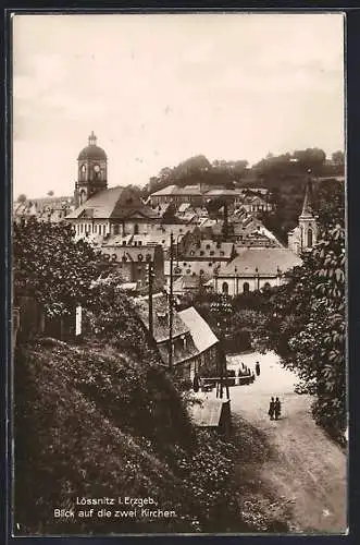 AK Lössnitz im Erzgeb., Blick auf die zwei Kirchen