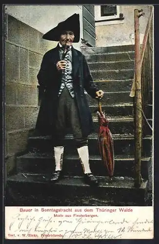 AK Finsterbergen, Bauer in Sonntagstracht aus dem Thüringer Walde, Mann in thüringischer Tracht, Bahnpoststempel