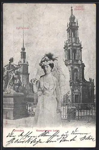 AK Dresden, Kronprinzessin Luise von Sachsen vor der Kath. Hofkirche