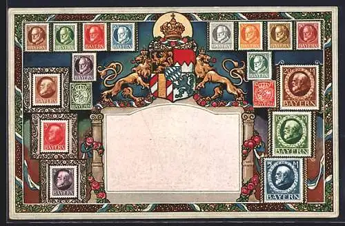 AK Bayrisches Wappen mit Briefmarkenrahmung