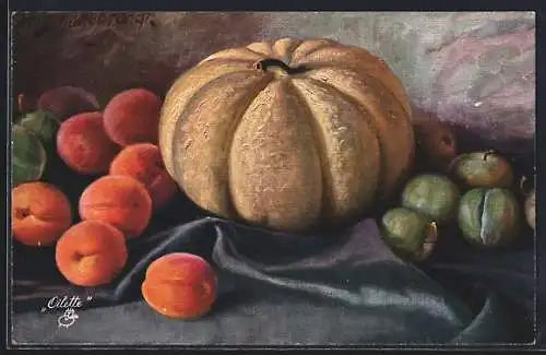 Künstler-AK Fritz Hildebrandt: Kürbis, Aprikosen und Äpfel, Stilleben