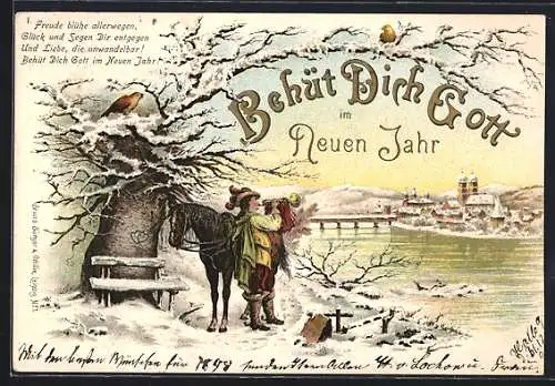 Lithographie Trompeter von Säckingen am winterlichen Flusssufer, Behüt Dich Gott, Neujahrsgruss