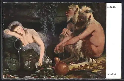 Künstler-AK Arnold Böcklin: Am Quell, Eine Schlafende wird von zwei Satyren