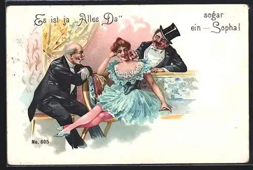 Lithographie Zwei Herren mit Zylinder schäkern mit einer jungen Dame