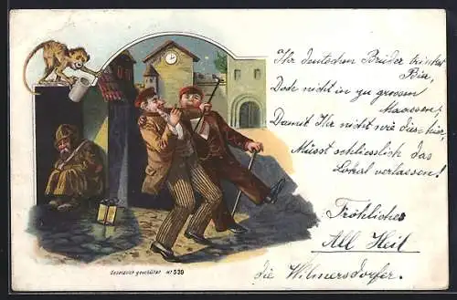 Lithographie Betrunkene Studenten auf dem Heimweg, Schlafender Nachtwächter, Affe mit Bierkrug