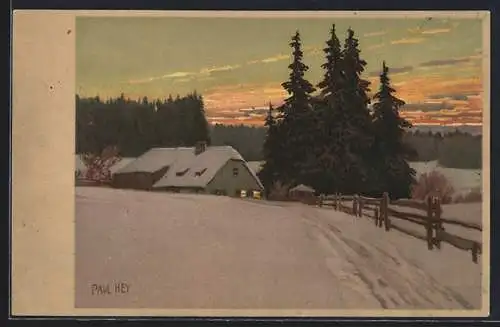 Künstler-AK Paul Hey: Verschneites Gehöft am Abend