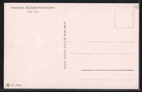 Künstler-AK Hermann Rüdisühli: Alter Park, Balustrade an einem See mit Statue, Herbst