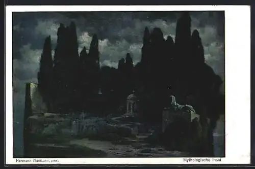 Künstler-AK Hermann Rüdisühli: Eduard Rüdisühli: Mythologische Insel bei Nacht, Pavillon, Statue