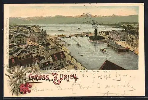 Lithographie Zürich, Ortsansicht mit Blick auf den See