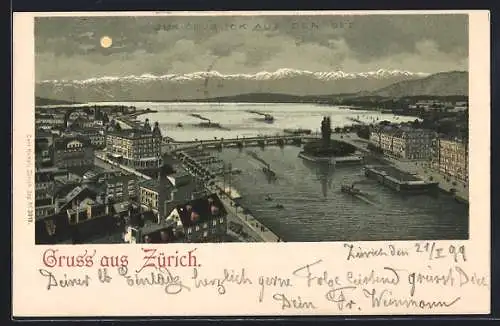 Lithographie Zürich, Blick auf den See