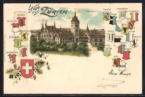 Lithographie Zürich, Landesmuseum, Wappen der Kantone um 1900