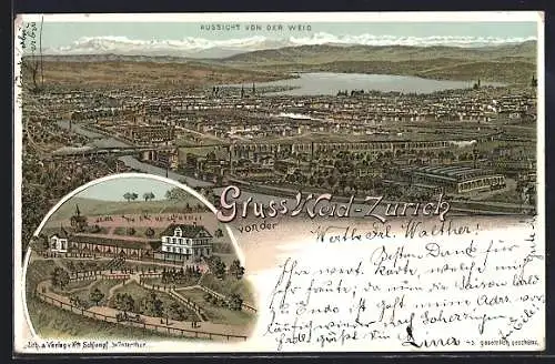 Lithographie Zürich-Waid, Ortsansicht von oben, Eisenbahn-Viadukt