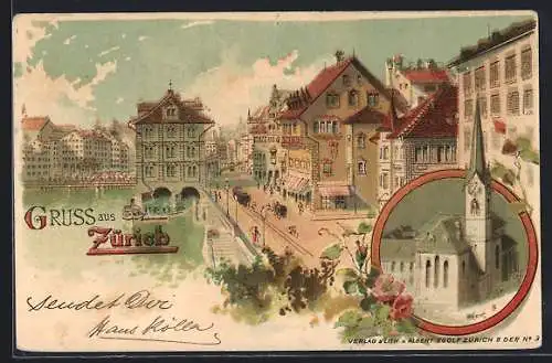 Lithographie Zürich, Teilansicht mit Häusern und Kirche