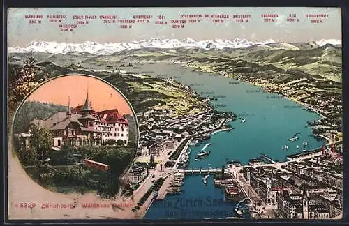 AK Zürich, Totalansicht mit See aus der Vogelschau mit Bergpanorama, Zürichberg mit Waldhaus Dolder und Bahn