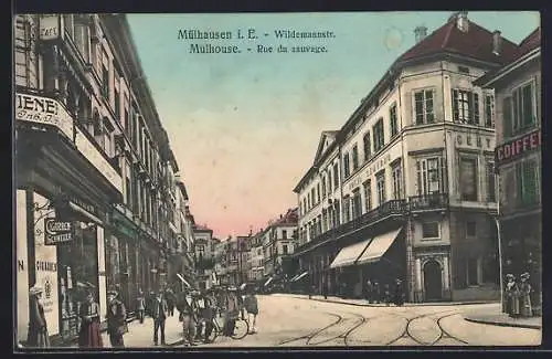 AK Mülhausen / Mulhouse, Rue du sauvage, Wildemannstrasse, Radfahrer