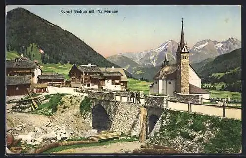 AK Sedrun, Teilansicht mit Kirche, Blick zum Piz Muraun