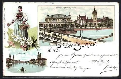 Lithographie Zürich, Bahnhof und Landesmuseum, Sonnen-Quai und Frau in Tracht