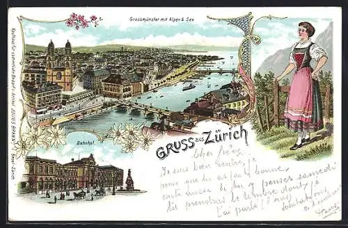 Lithographie Zürich, Bahnhof, Grossmünster mit Alpen und See, Frau in Tracht
