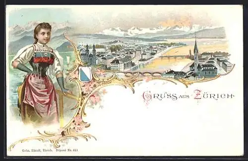 Lithographie Zürich, Frau in Tracht, Wappen Ortsansicht