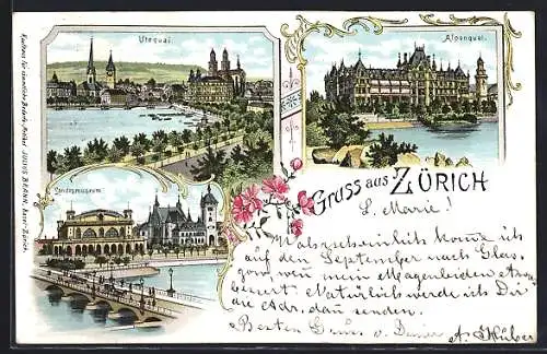 Lithographie Zürich, Utoquai, Alpenquai, Landesmuseum