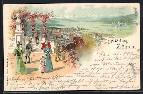 Lithographie Zürich, Panorama, Spaziergänger im Park