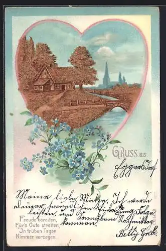 Präge-AK Idyllisches Gehöft im Herz-Passepartout mit Vergissmeinnicht