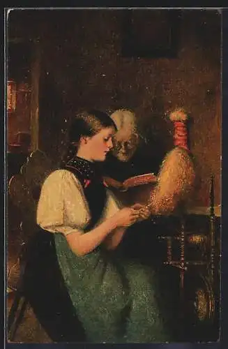 Künstler-AK sign. G. Buchner: Gebet und Arbeit, Mädchen und alte Dame am Spinnrad