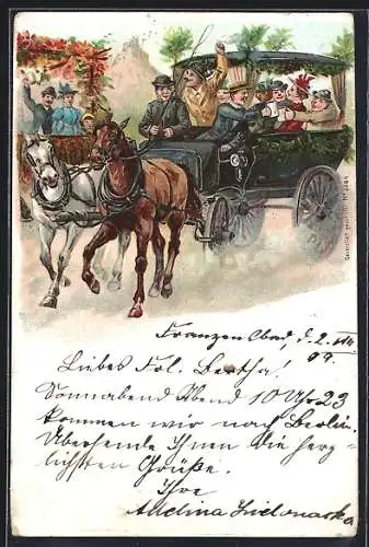 Künstler-AK Gesellschaft fährt in einer Kutsche