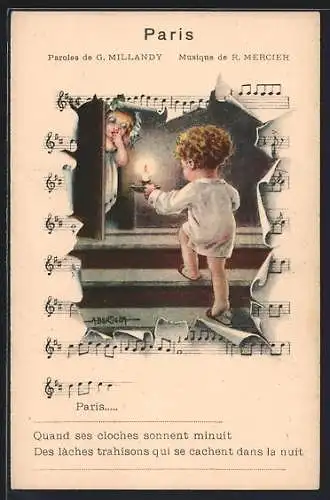 Künstler-AK A. Bertiglia: Kind im Nachthemd mit Kerze, Liedtext von G. Millandy