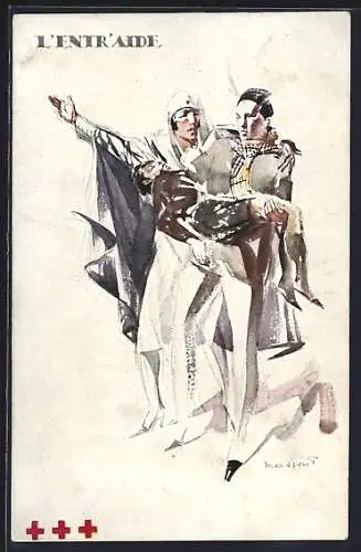 Künstler-AK Rotes Kreuz Belgien, Rot Kreuz-Schwester und Mann mit verletztem Kind