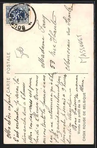 Künstler-AK Rotes Kreuz Belgien, Rot Kreuz-Schwester und Mann mit verletztem Kind