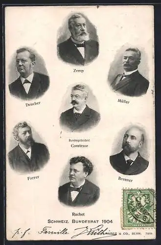 AK Schweiz, Bundesrat 1904, Porträts von Zemo, Deucher, Müller, Forrer, Comtesse, Ruchet und Brenner