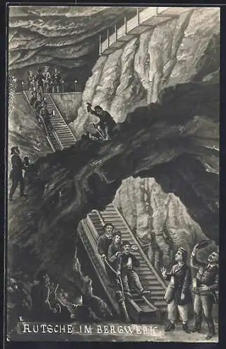 Künstler-AK Rutsche im Bergwerk
