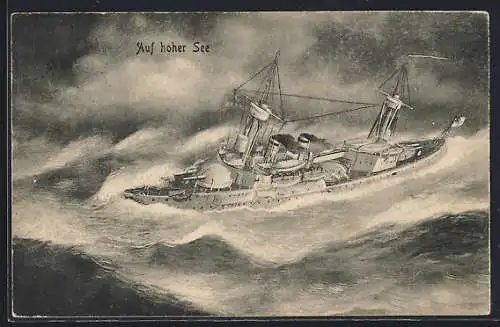 AK Kriegsschiff auf stürmischer See