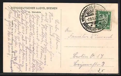 AK Kleiner Dampfer Vorwärts auf dem Meer, Norddeutscher Lloyd Bremen
