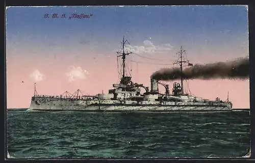 AK Kriegsschiff SMS Nassau in voller Fahrt