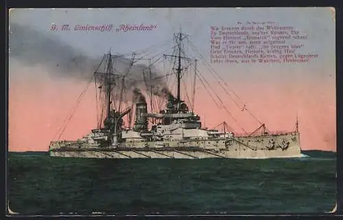 AK Kriegsschiff SMS Rheniland auf dem Meer