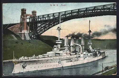 AK Kriegsschiff SMS York unter der Hochbrücke auf dem Kaiser Wilhelm-Kanal