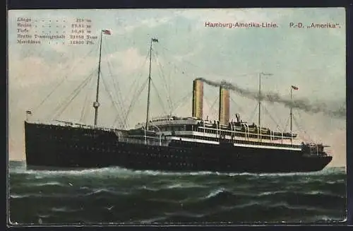 AK Passagierschiff Postdampfer P.D. Amerika der Hamburg-Amerika-Linie auf See