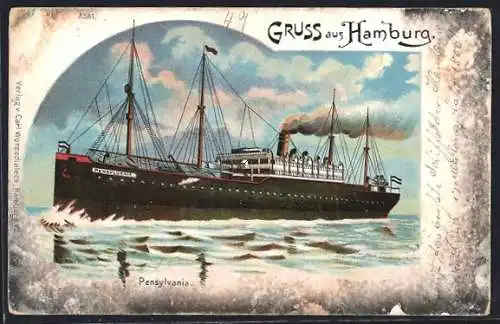 Lithographie Hamburg, Passagierschiff Pensylvania auf See