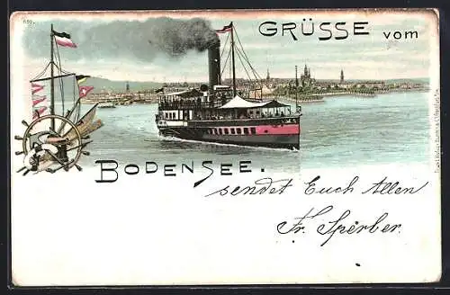 Lithographie Raddampfer Salondampfer Constanz auf dem Bodensee