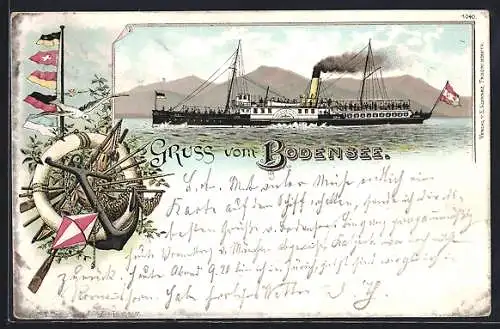 Lithographie Salondampfer Raddampfer fährt auf dem Bodensee