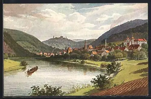 AK Neckargemünd, Totalansicht mit Blick auf den Dilsberg