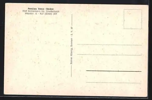 AK Bottenhorn /Gladenbach, Pension Staus-Becker, Waldstr. 6, Gebäudeansicht aus der Vogelschau