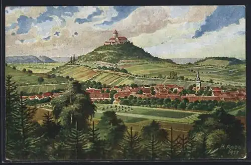 Künstler-AK Holzhausen /Th., Gesamtansicht mit Veste Wachsenburg aus der Vogelschau