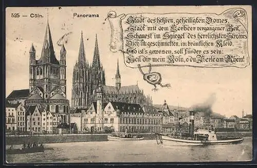 AK Cöln, Panorama mit Rheindampfer