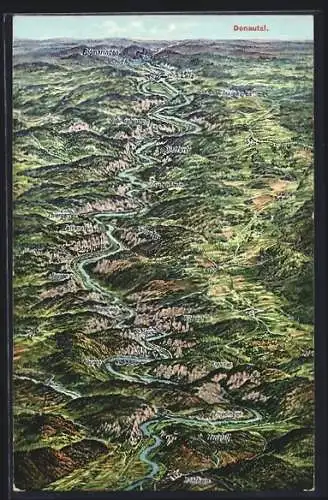 Künstler-AK Beuron, Donautal mit Ortsbezeichnungen aus der Vogelschau