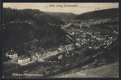 AK Calw, Gesamtansicht vom Hügel aus mit höherer Handelsschule