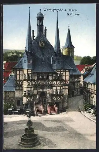 AK Wernigerode a. Harz, Rathaus mit Brunnen aus der Vogelschau
