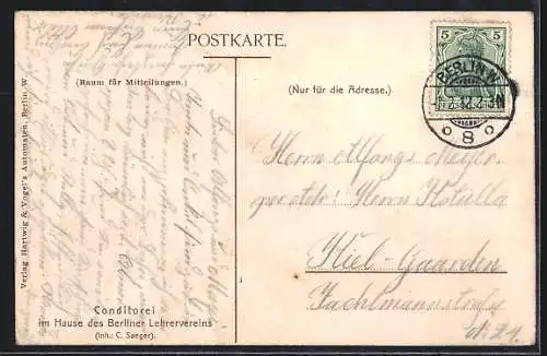 AK Berlin, Café im Hause des Berliner Lehrervereins, Inh. C. Saeger, Alexanderstrasse 41
